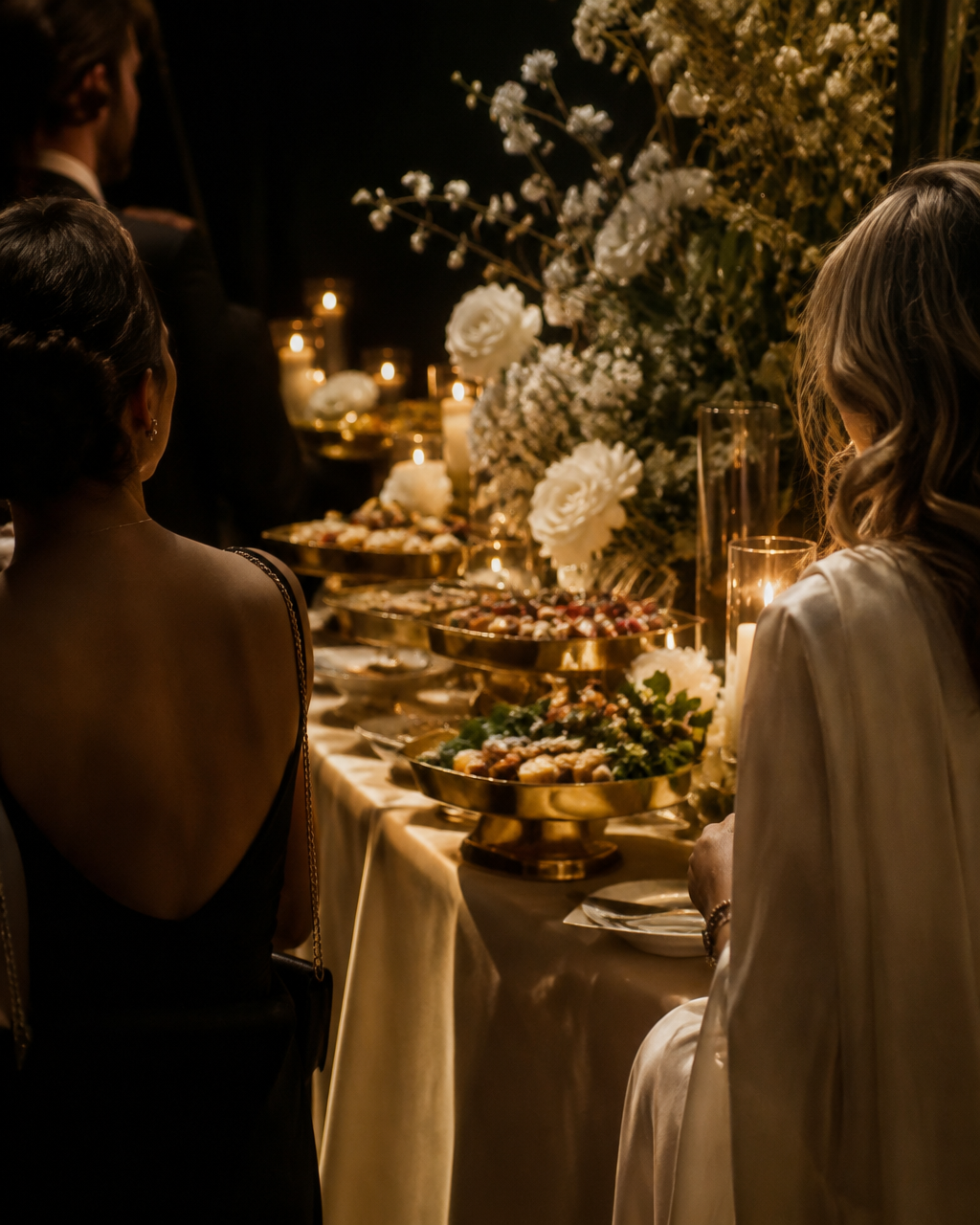 Guests gathering around a candlelit catered buffet